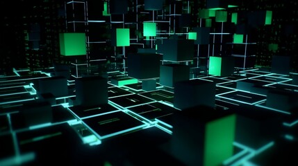 Wall Mural - futuristic dimension abstract 3d cubes animation with green squares. generative ai
