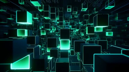 Wall Mural - futuristic dimension abstract 3d cubes animation with green squares. generative AI