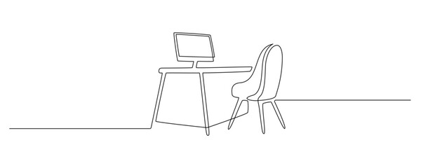 Fototapete - Office desk with desktop and chair in one continuous line drawing. Stylish furniture for home office room interior in simple linear style. Editable stroke. Doodle vector illustration