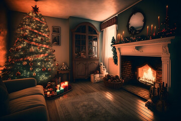 Wall Mural - Beautiful cozy Christmas interior with a fireplace. Neural network AI generated art