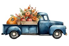 Blue Truck Filled With Pumpkins And Flowers Parked On A Dirt Road. Generative AI