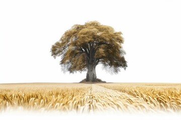 Sticker - solitary tree standing in the midst of a golden wheat field. Generative AI