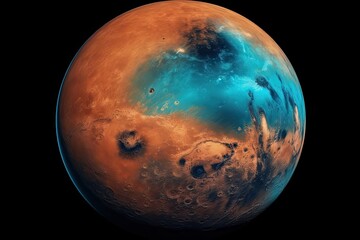 Wall Mural - vibrant blue and orange planet floating in space against a dark black background. Generative AI