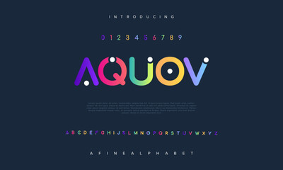Aquov abstract digital technology logo font alphabet. Minimal modern urban fonts for logo, brand etc. Typography typeface uppercase lowercase and number. vector illustration