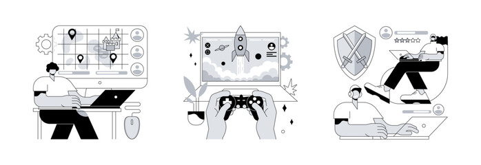 Wall Mural - e-gaming industry abstract concept vector illustration set. strategy online games, pc action game, m