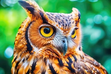 Poster - close-up portrait of an owl with piercing yellow eyes. Generative AI