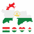 Vector of Tajikistan map flag with flag set isolated on white background. Collection of flag icons with square, circle, love, heart, and rectangle shapes.