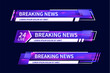 Lower third tv header, headline and news bars. Vector modern colorful purple and white neon video title or television news bar isolated template. Broadcast strip layout with text, information line