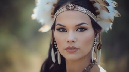 Fictional person, closeup illustration of wedding photo of Native American Indian bride woman with blurry bokeh background. Bridal portrait. Created using generative AI.