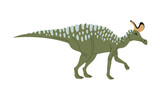 Fototapeta  - Dino with crest on skull, parasaurolophus cartoon dinosaur icon. Vector extinct prehistoric creature. Dinosaur extinct animal, herbivorous ornithopod walkeri dino