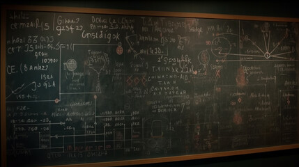 blackboard background and Maths formulas written by white chalk, Generative AI 
