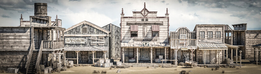 Wall Mural - 3D illustration rendering of an empty street in an old wild west town with wooden buildings.