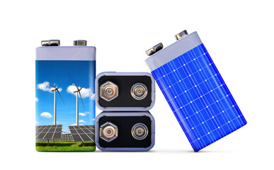 Wall Mural - battery with solar panels and wind turbines isolated on transparent background, png. the concept of 