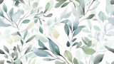 Fototapeta Boho - Watercolor seeded eucalyptus seamless pattern. Watercolor floral frame or border with green leaves and branches, for wedding stationary, greetings, wallpapers, fashion, background. Generative Ai