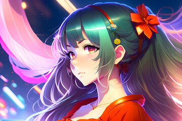 Wall Mural - a cute magical girl idol with a long wavy colorful hair wearing a colorful dress, realistic light and shadow effects, neon lights, anime style, vivid, expressive, 4k, painting, Generative AI