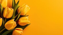 Yellow Tulip Bouquet, Spring Flowers On A Pastel Light Yellow Background With Copy Space. Mother’s Day, Easter, Valentine’s Day, International Women’s Day, Generative AI