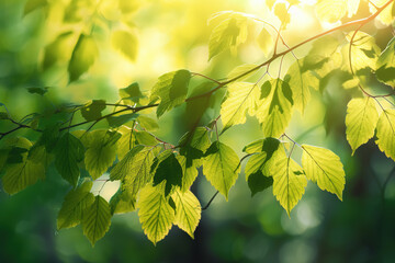 Wall Mural - fresh new green leaves glowing in sunlight