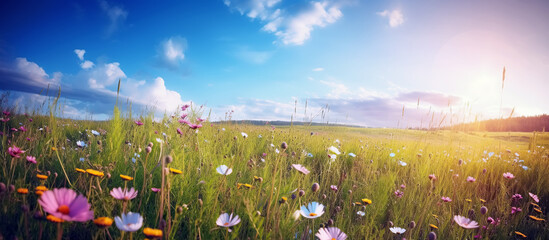 Wall Mural - panorama of spring meadows fields with blooming flowers in summer under blue sky. Generative AI illustration