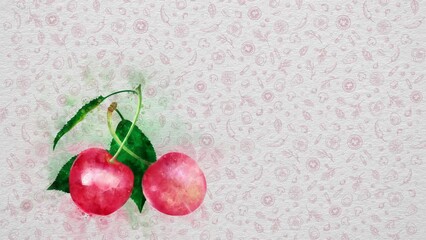 Wall Mural - Watercolor Fruits and Vegetables. Cherry.  Text and Price can be Written on the Right Side or Top Side of the Image. Nutritional Values can be Written. Or Logo can be Put. 19.