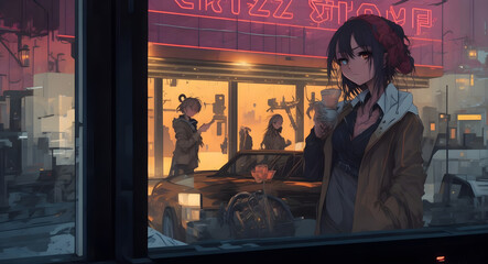 portrait of a girl in a cafe, beautiful anime girl stand outside of shop window and watching inside, digital art, wallpaper, Generative AI