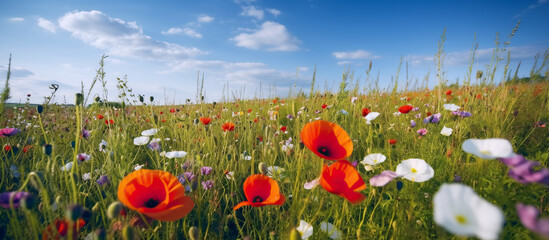 Wall Mural - panorama of meadows fields with flowers in summer under a sky. Generative AI illustration