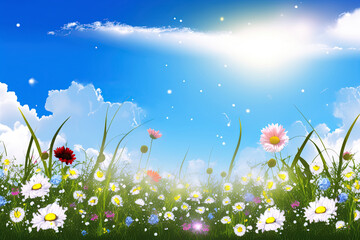 Wall Mural - blooming spring flowers on field meadow against blue sky in summer. Generative AI illustration