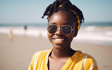 Black dark-skinned african american teenage girl in summer on the beach. Generative AI