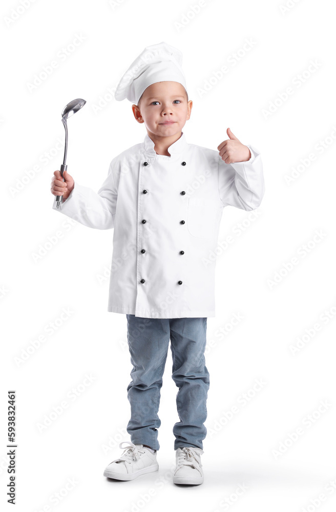 Cute little chef with ladle showing thumb-up on white background