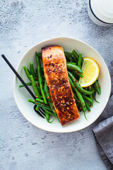 Wall Mural - Spicy teriyaki salmon with green beans.