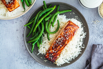 Wall Mural - Teriyaki salmon with green beans and rice. Asian cuisine recipe.