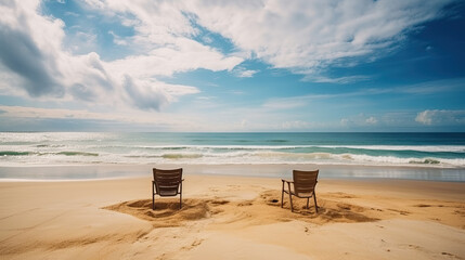 Wall Mural - Two chairs on the beach with blue sky and white clouds background. Generative AI