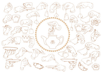 Hands with a teacup, saucer, and spoon. Funny hands. Vector.