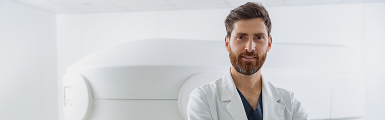 Wall Mural - Radiologist on background of MRI or CT or PET Scan with female patient undergoing procedure