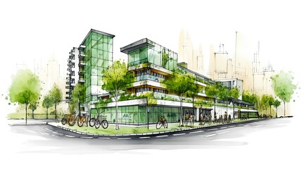 Sustainable urban design featuring eco-friendly elements. Generative AI