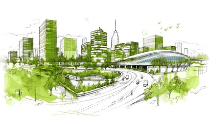 Sustainable urban design featuring eco-friendly elements. Generative AI