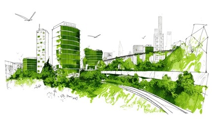 Sustainable urban design featuring eco-friendly elements. Generative AI
