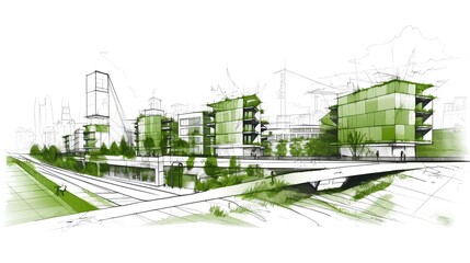 Sustainable urban design featuring eco-friendly elements. Generative AI