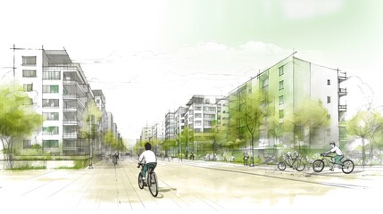 Sustainable urban design featuring eco-friendly elements. Generative AI