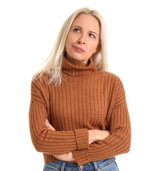 Wall Mural - Thoughtful mature woman on white background