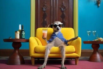 Funny trendy meerkat wearing fancy cloth with a glass of cocktail, in holiday at the hotel lobby. Happy cute animal. AI generated image. 