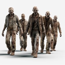 Zombie Crowd Walking  On White Background Created By Generative AI