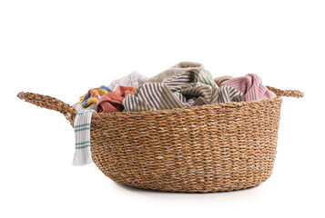 Wall Mural - Wicker basket with dirty clothes on white background