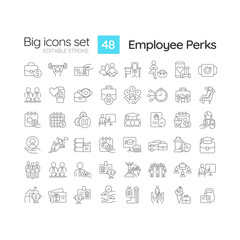 Employee perks linear icons set. Incentive program. Work environment. Increase productivity. Reward system. Customizable thin line symbols. Isolated vector outline illustrations. Editable stroke