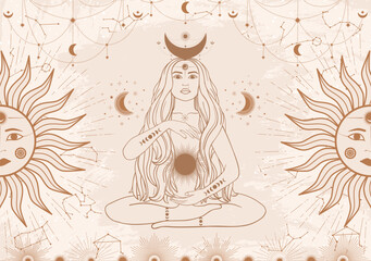 Wall Mural - Hand drawn card of beige mystical woman with Sun, Moon, star in line art. Constellation celestial space. Spiritual abstract symbol, esoteric talisman. Magic space galaxy, vector sketch illustration