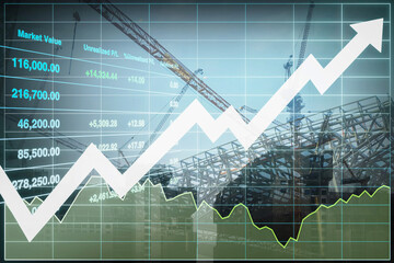 Double exposure image of working onsite building construction industry with graph, chart and arrow up show successful investment perspective and growth in stock index business.