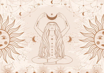 Hand drawn card of beige mystical woman with Sun, Moon, star in line art. Constellation celestial space. Spiritual abstract symbol, esoteric talisman. Magic space galaxy, vector sketch illustration