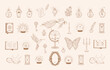 © Diana Kovach - Hand drawn set of beige mystical glass bottle, crystal ball, book, mirror, globe, hourglass, goldfish, hummingbird, butterfly in line art. Magic talisman boho style. Vector outline sketch illustration