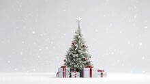 Snowy Christmas Tree With Red And White Gifts. Holiday Concept On White Background. Generative AI.
