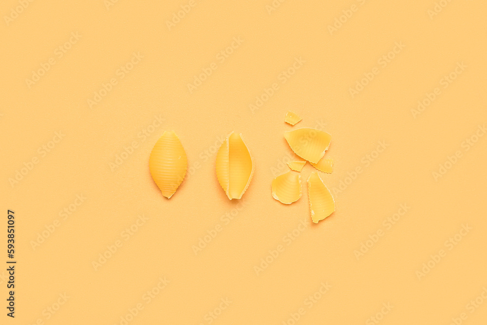 Raw conchiglie pasta on yellow background
