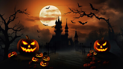 Wall Mural - halloween scene horror background with creepy pumpkins of spooky halloween haunted mansion Evil houseat night with full moon, Generative AI.